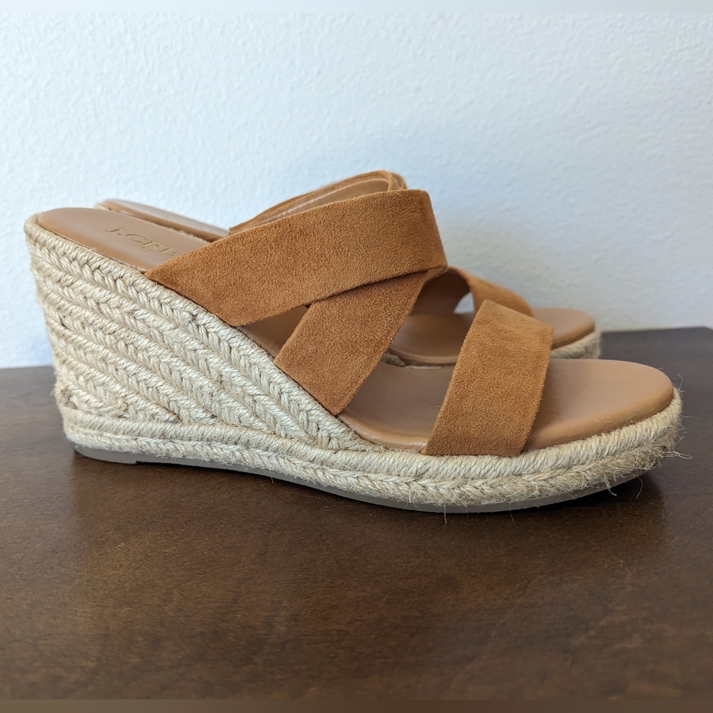 J. Crew Espadrille Wedge Sandals Tan Crossover Suede Straps Size 7.5 - Picture 3 of 12